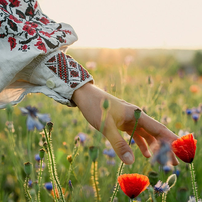 Layered Notes - image of a women's arm reaching toward a meadow flower